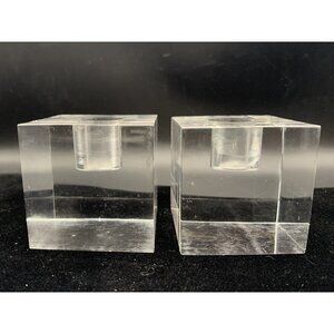Lucite Block Cube Taper Candlestick Holder MCM Set 2 Vtg Clear Acrylic Incised